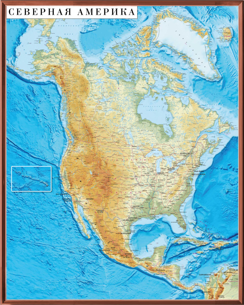 Рельефная общегеографическая карта Северная Америка 3D рельеф