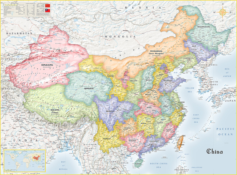 Китай. Настенная карта на английском языке (str002)