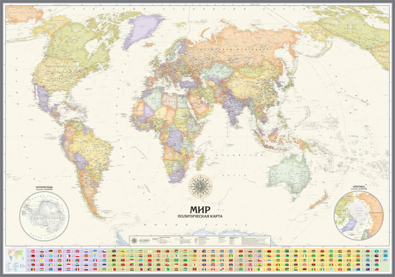 настенная Политическая карта мира в английском стиле с флагами (mir053)